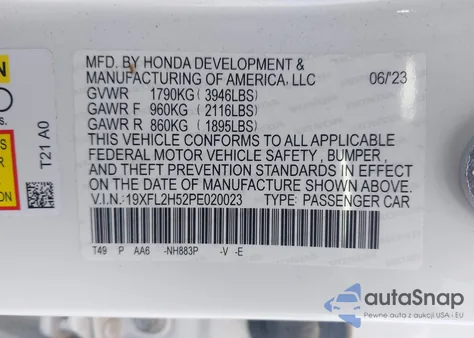 2023 Honda Civic Lx из США, поврежденный, VIN 19XFL2H52PE020023